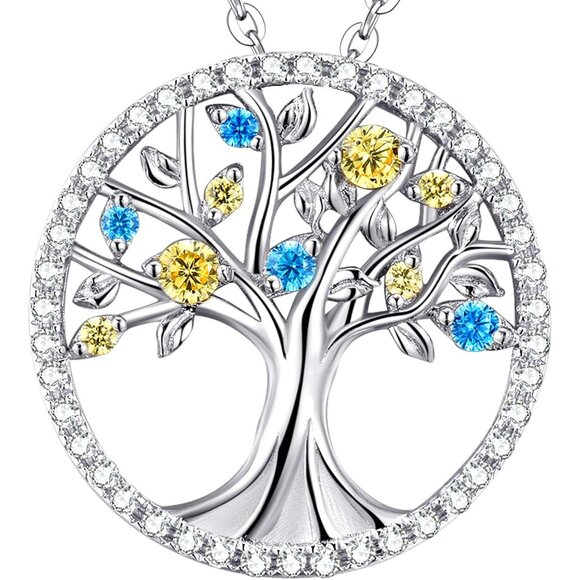 Elegant Tree of Life Necklace for Women with Citrine and Blue Topaz Sterling Sil - Picture 1 of 7